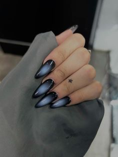 Nail Ideas Almond Shape Black, Goth Nails Halloween, Goth Stilleto Nail, Short Goth Nails Ideas, Dark Angel Nails, Hmhas Billie Nails, Nail Designs With Silver, Hit Me Hard And Soft Nails, Goth Acrylic Nail Designs