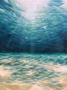 an oil painting of the ocean with waves coming in from the water and sun shining through the clouds