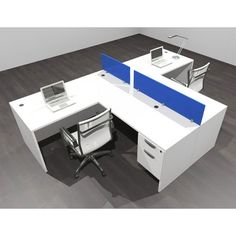 an office cubicle with two desks and a laptop on the desk, all in white and blue