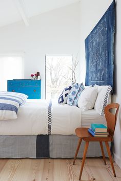 a bedroom with white walls and blue accents