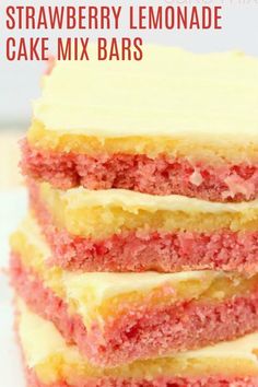 strawberry lemonade cake mix bars stacked on top of each other with text overlay