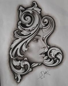 a drawing of a woman's face with swirls and curls on her hair