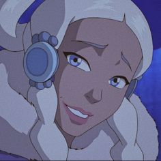 an animated image of a woman with white hair and blue eyes