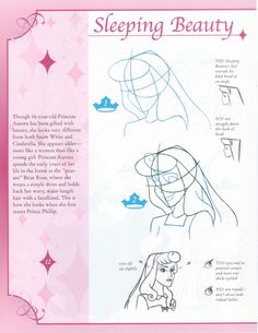 the instructions for sleeping beauty are shown in pink and blue ink, with an image of a woman's face