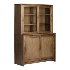 a wooden cabinet with two doors and shelves