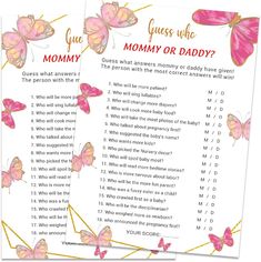 two pink butterflies with the words guess who, mommy or daddy? and question cards