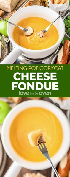 the cover of melting pot copycat cheese fondue love from the oven, with a spoon in it