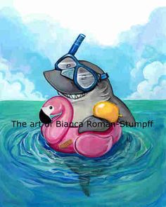 a painting of a pink flamingo floating in the ocean with a scuba mask on it's head