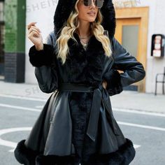 Fluffy, Trimmed, Warm, Belted, Leather Dress Coat, Elegant, Classy Formal Leather Fur Coat With Faux Fur Trim, Classic Leather Coat With Faux Fur Trim, Classic Leather Fur Coat With Faux Fur Trim, Leather Dress Coat, Black Leather Fur Coat With Faux Fur Trim, Black Faux Fur Coat With Faux Fur Trim, Coat Elegant, Dress Coat, Jean Jackets