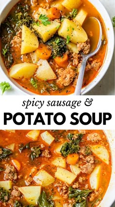 two photos with the same soup in it and one has meat, potatoes, and spinach