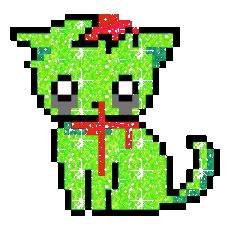 a pixel art image of a green cat with a red bow