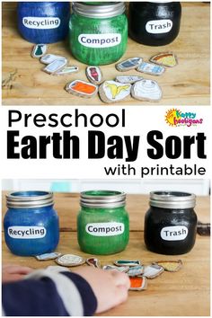 the words preschool earth day sort with printables on them and mason jar labels