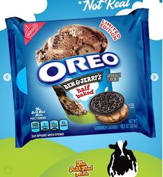 an oreo ice cream sandwich with chocolate chip cookies on it and the packaging is blue