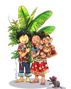 three children standing next to each other with plants in their hands and a rat on the ground