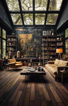 a living room filled with lots of furniture and bookshelves next to a window