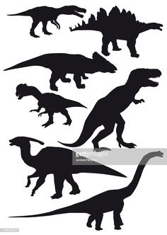 the silhouettes of dinosaurs are shown in different positions and sizes, including one with long neck