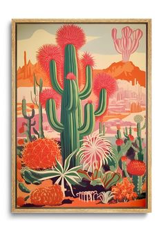 a painting with cactuses and flowers in the background