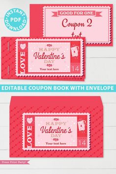 valentine coupon book with envelopes on the front, and two coupons in the back