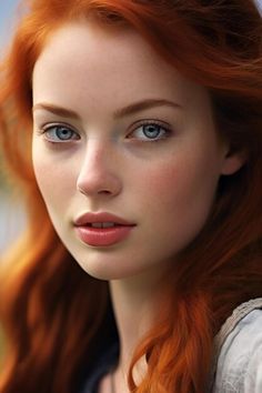 a woman with long red hair and blue eyes