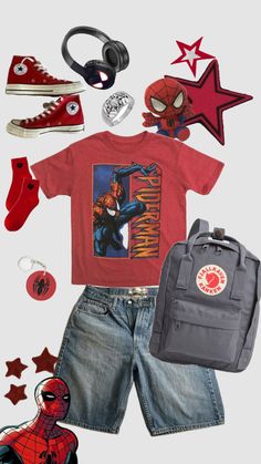 Red Fit Aesthetic, Funky Style Outfits Men, Spiderman Themed Outfits, Spiderman Aesthetic Outfit, Spiderman Shirt Outfit, Spider Man Inspired Outfit, Spiderman Fits, Spiderman Outfit Ideas, Spider Man Outfits Ideas