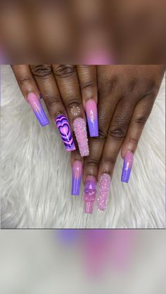 Lavender And Pink Nails, Pink Purple Blue Nails, Blue And Purple Nails Designs, Blue And Purple Nails, Purple And Blue Nails, Pink And Purple Nails, Jewel Nails, Purple And Pink Nails