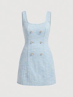 Plus Size Double Breasted Detail Plaid Tweed Dress Without Blouse Blue and White Elegant  Sleeveless Knitted Fabric Plaid Fitted Slight Stretch  Women Plus Clothing, size features are:Bust: ,Length: ,Sleeve Length: Blue Plaid Dress, Clueless Outfits, Office Outfits Women, Tweed Dress, Mod Dress, Dress For Short Women, Kpop Fashion Outfits, Teenage Fashion Outfits, Kpop Outfits