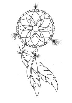 a black and white drawing of a dream catcher with feathers on it's side