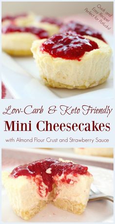 low carb and keto friendly mini cheesecakes with almond flour crust and strawberry sauce