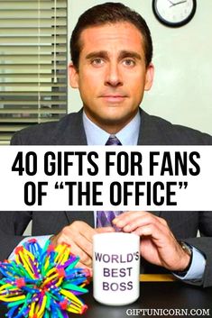 a man holding a coffee mug with the words 40 gifts for fans of the office