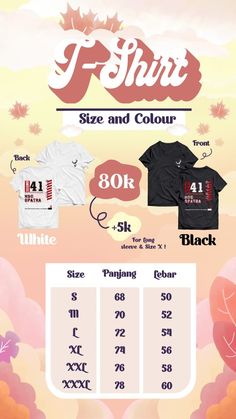 an info sheet showing the size and color of t - shirts in different styles, sizes and colors