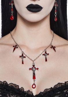 base|silver Gothic Red Jewelry For Halloween, Gothic Red Jewelry, Vampire Style Halloween Necklace, Vampire Dinner, Gothic Red Necklace For Cosplay, Vampire Women, Red Gothic Cross Necklace, Goth Cross, Blood Drop