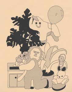 a drawing of a woman sitting in front of a potted plant and stuffed animals