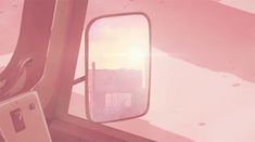 the side mirror of a vehicle is shown in pink and white colors, as if it were taken from inside