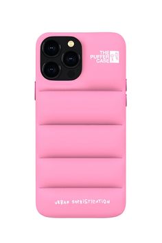 a pink phone case with two buttons on it