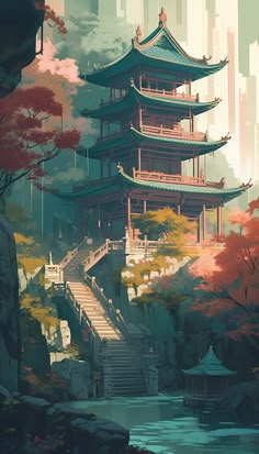 Discover the "Secluded Temple," an enchanting illustration of an East Asian-inspired wooden sanctuary nestled atop a hill. A twisting staircase invites you to ascend, while vibrant orangey-pink foliage frames the serene scene. Bask in the sunlight of this tranquil, picturesque escape. #Temple #Foresr #Nature #Wallpaper Asian Wallpaper, Neutral Artwork, Naruto Sketch Drawing, Fantasy Places, A Hill, Environment Concept Art