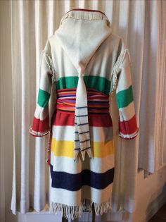 Capote, made from a vintage Hudson's Bay Company point blanket. Back view. Vintage Blanket Coat, Pendleton Fabric Poncho, Hudson Bay Blanket Coat, Pendleton Harding Coat, Vintage Wool Blanket Coat, Capote Coat, Mountain Man Clothing, Hudson Bay Blanket, Hudson Bay Company