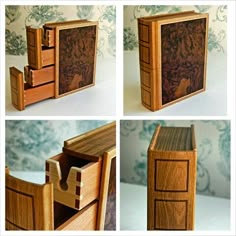 four different views of a wooden desk with drawers on each side and an open drawer in the middle