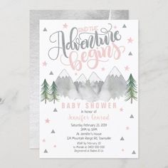 the adventure begins baby shower is shown in pink and grey with mountains, stars and trees