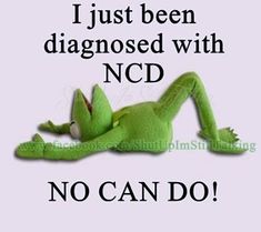 a green stuffed animal laying on top of a white sign that says, i just been diagnosed with ncd no can do