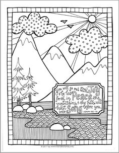 a coloring page with mountains and clouds