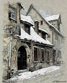 a drawing of a house with snow on the roof and windows in front of it