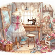 a drawing of a sewing machine and dress on a table in front of a window