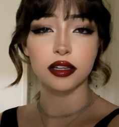 Dark Feminine Makeup Round Face, Romantic Dark Makeup, Deep Red Lip Makeup Look, Dark Red Blush Makeup, Seductress Makeup, Mascarade Ball Makeup, Old Timey Makeup, Cool Tones Makeup Looks, Red Lip Black Liner Makeup