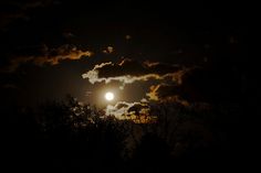 the moon is shining brightly in the night sky above trees and clouds, with dark lighting