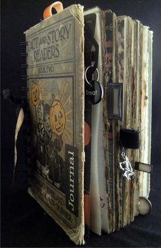 an old book is opened to show the pages and keychain on it's side