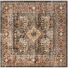 an area rug with brown, beige and blue colors on the bottom half of it