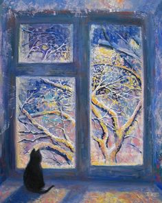 a painting of a cat sitting in front of a window