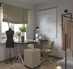 a room with a desk, chair and clothes on hangers in front of a window