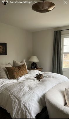 a cat laying on top of a white bed in a bedroom next to a window