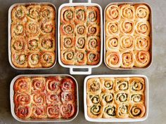 six square pans filled with different types of food on top of a table next to each other